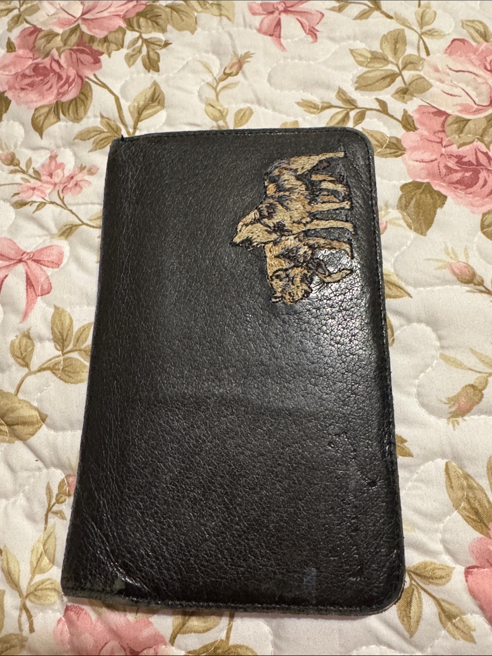 Black Leather Folio Wallet with Embossed Animal Motif